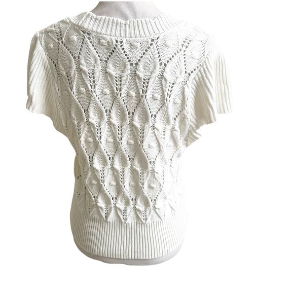 Rye Grass Cropped Cardigan Crochet Cable Knit Sweater Size Medium White V-Neck - Picture 3 of 10